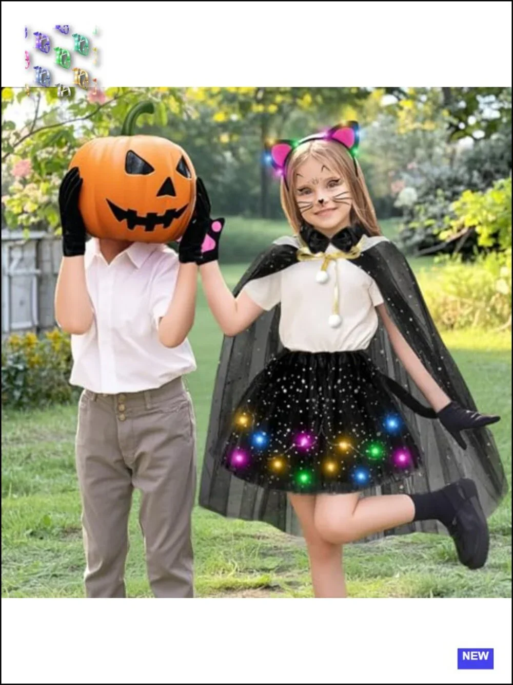 Girls LED Cat Halloween Costume 7pc Set Ages 3-8 Tutu Cape Gloves